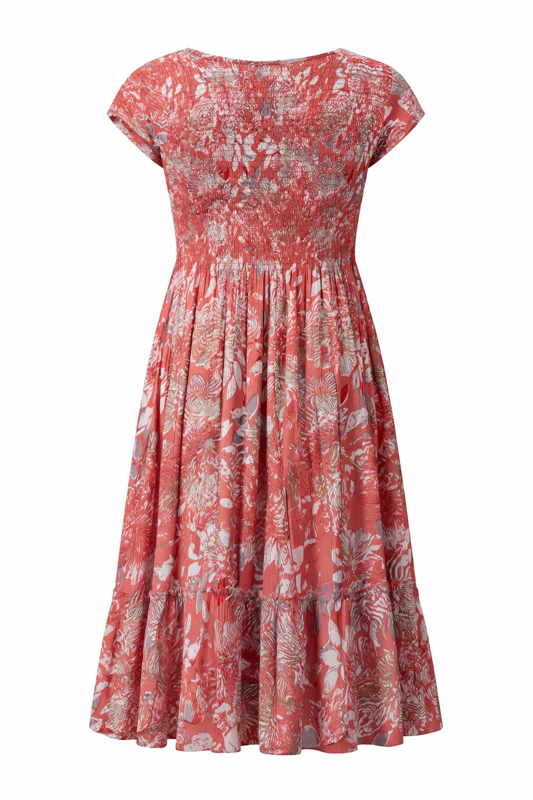 Italian Floral Midi Dress Coral & Beige – Lightweight Tie Front A-Line Dress