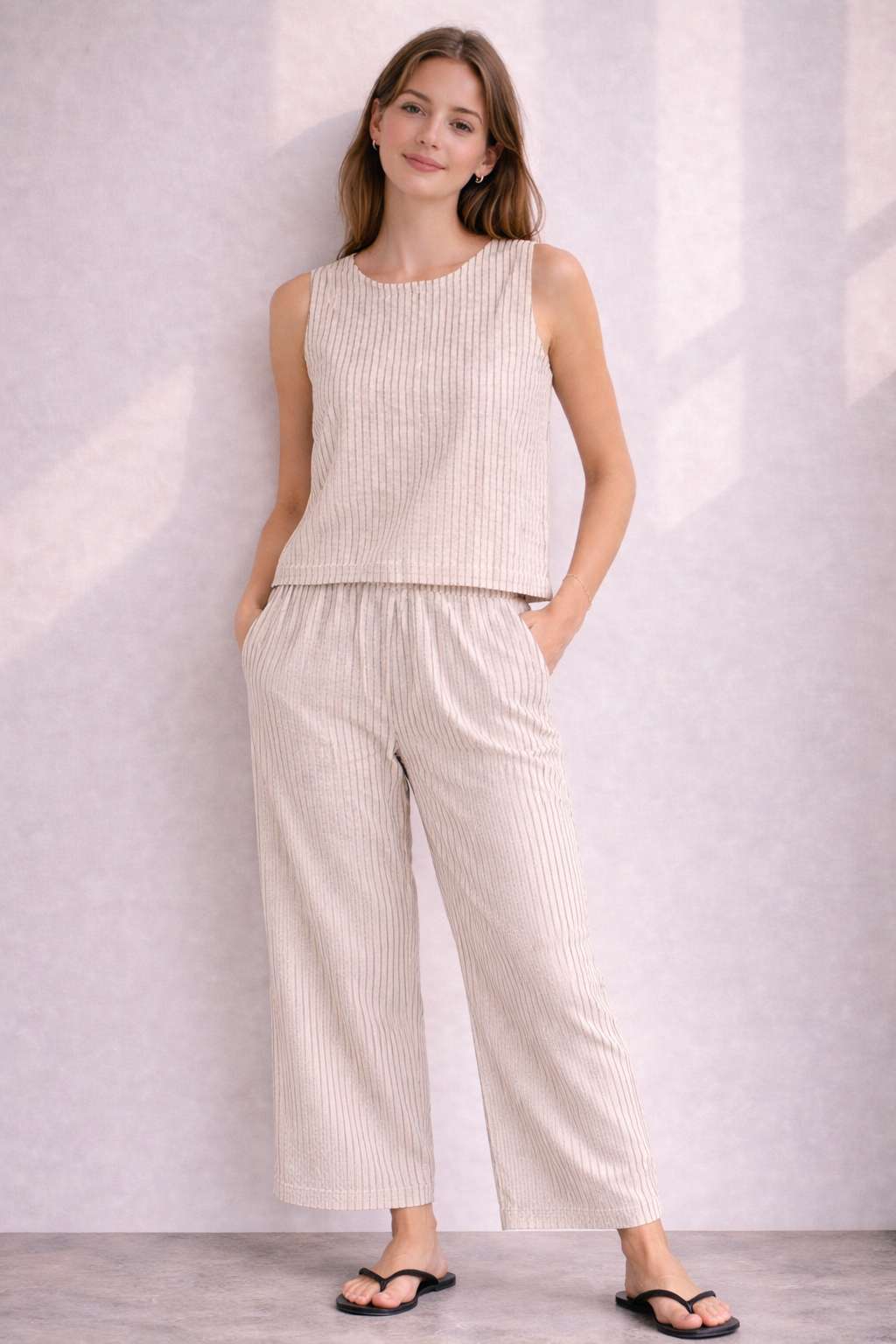 Striped Lightweight Linen Blend Pants Natural Beige | b.young