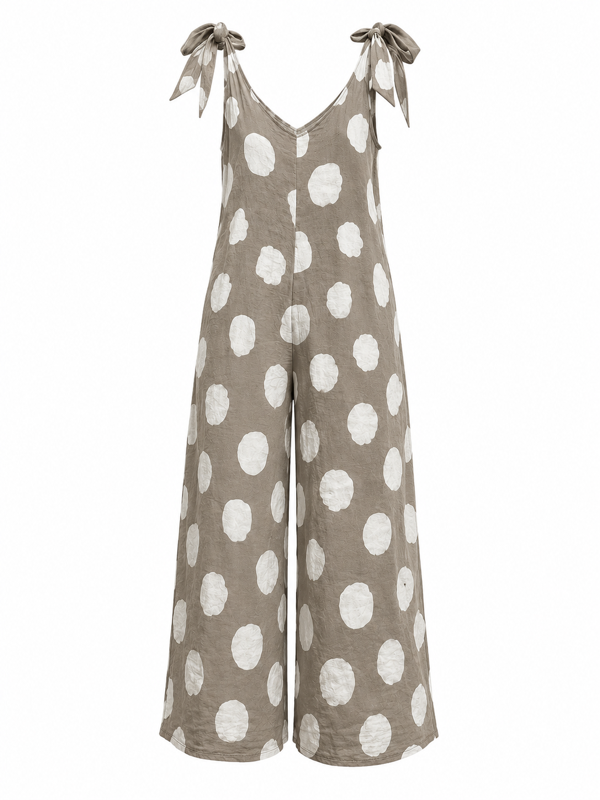 Grey Italian Linen Resort Romper – Chic Wide Leg Polka Dot Style