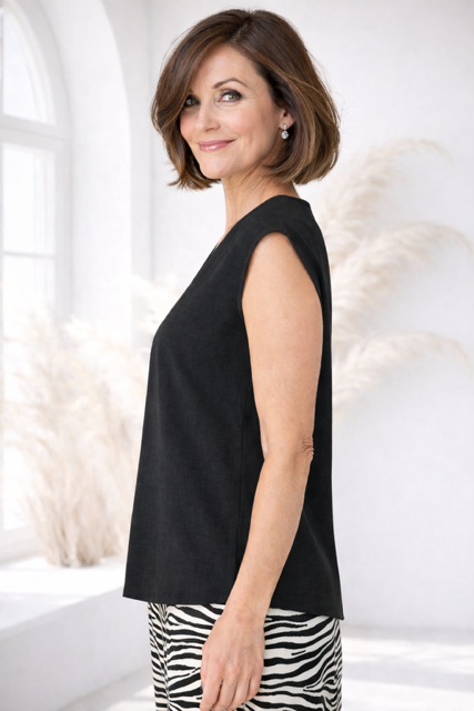 Black European Linen Blend V-Neck Sleeveless Blouse – Relaxed Fit | Lightweight Breathable Top