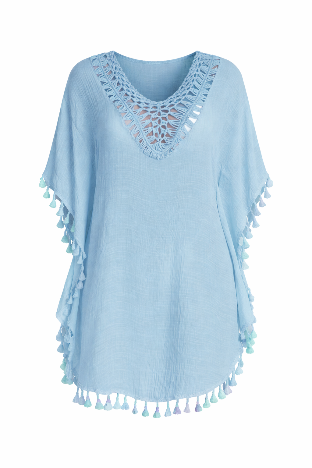 Powder Blue Boho Viscose Beach Cover-Up Dress – Lightweight Tassel Trim V-Neck Tunic