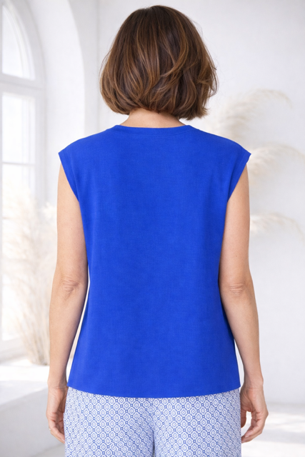Blue European Linen Blend V-Neck Sleeveless Blouse – Relaxed Fit | Lightweight Breathable Top