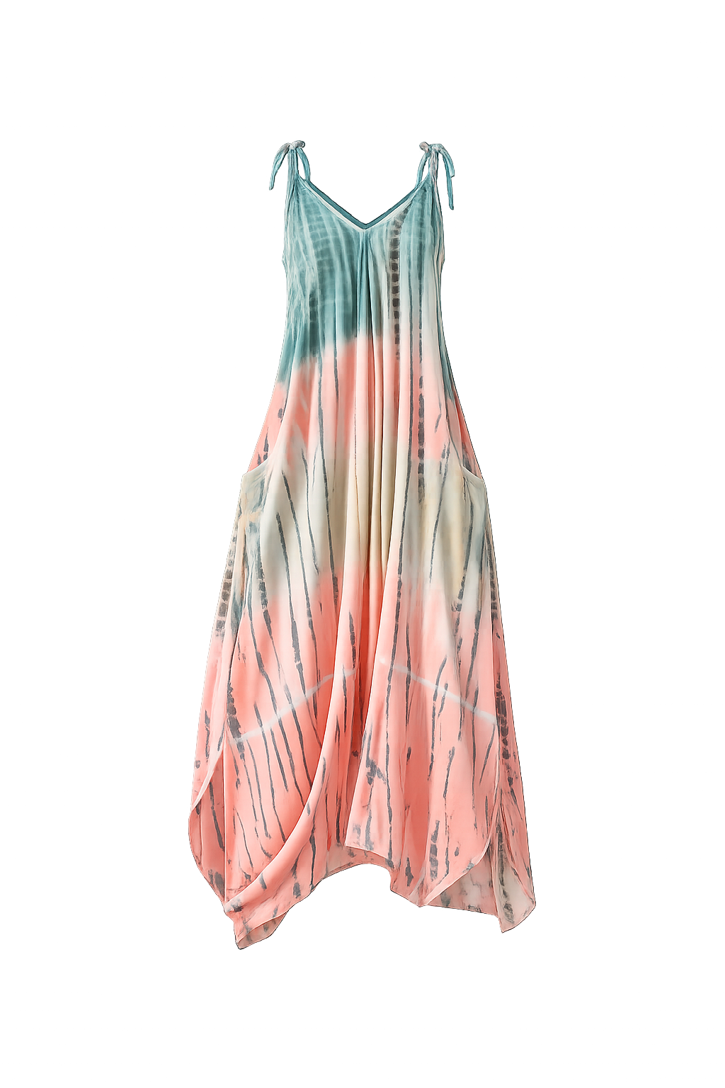 Bali Tie-Dye Rayon Maxi Dress – Coral, Adjustable Straps, Relaxed Fit