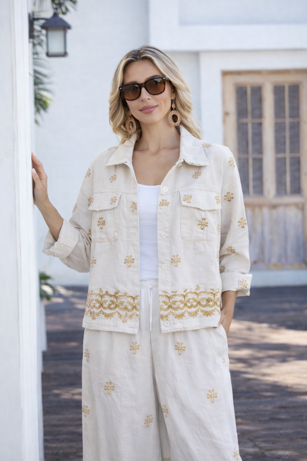 Embroidered Linen Blend Button-Up Blouse | PAPA VANCOUVER