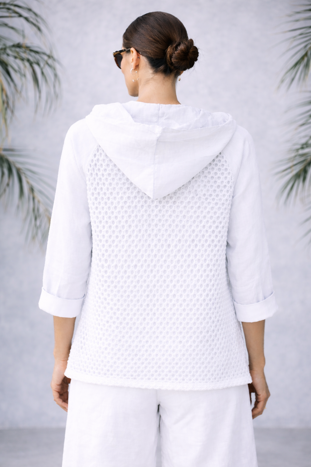 Italian Linen & Crochet Zip Hoodie Jacket – Lightweight Layer with Pockets