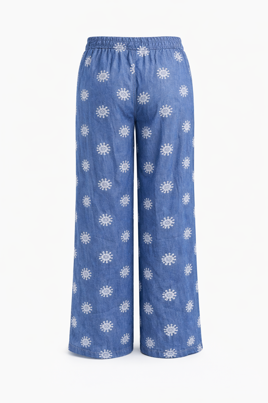Italian Tencel Palazzo Pants – Wide Leg Denim Print | One Size Relaxed Fit