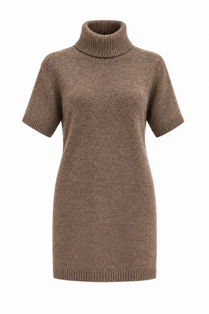Taupe Short Sleeve Turtleneck Sweater Dress