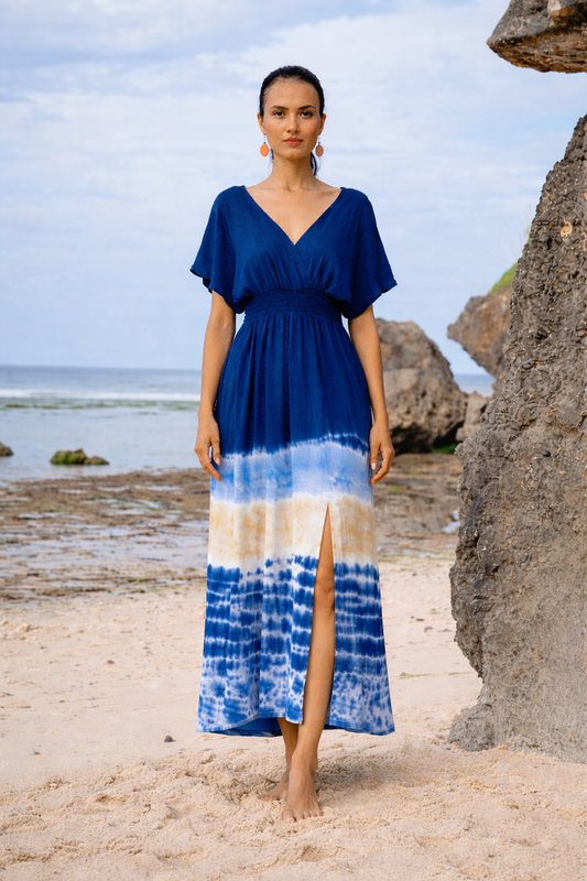 Bali Tie-Dye Maxi Dress – Blue, Relaxed Fit, Lightweight Rayon,