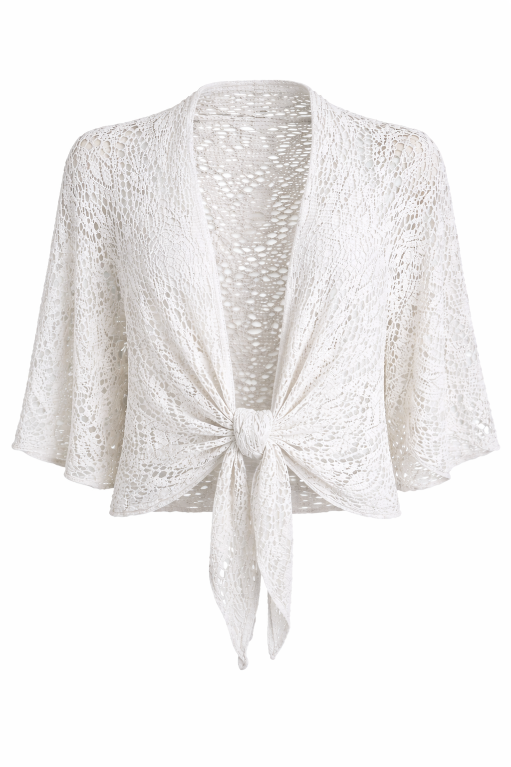 White Crochet Tie-Front Cardigan – Lightweight Knit, 3/4 Sleeve, Relaxed Fit Layering Top