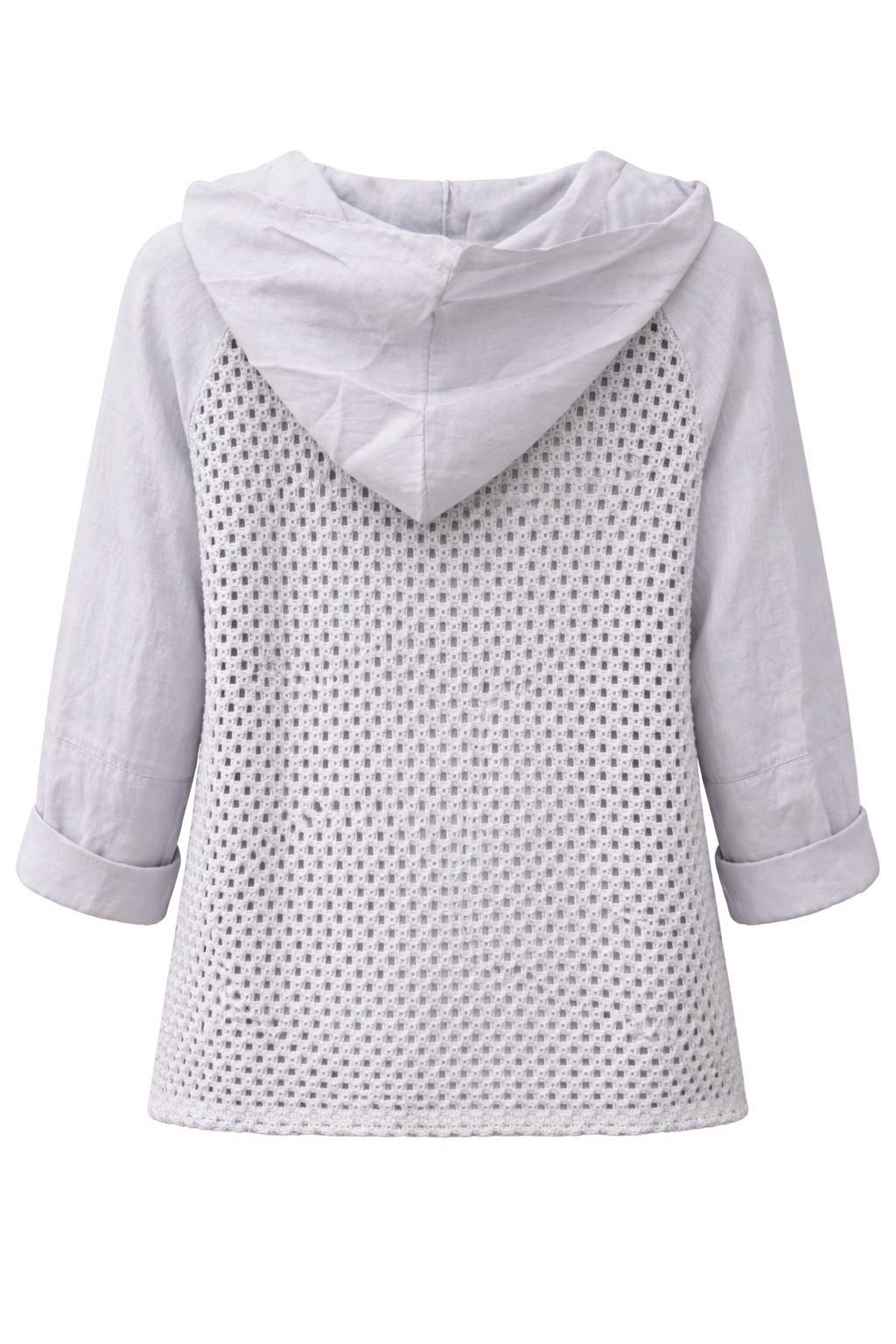 Italian Linen & Crochet Zip Hoodie Jacket – Lightweight Layer with Pockets Grey