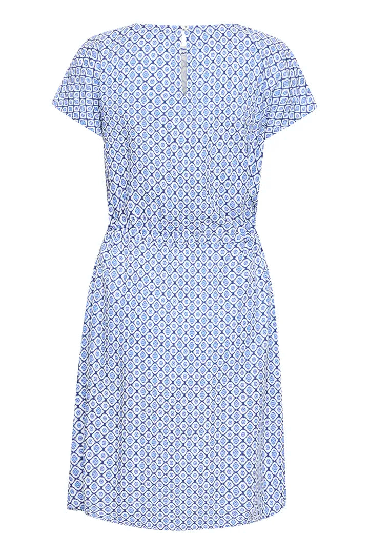 Women’s Blue Geometric Print Dress | Lightweight Summer Dress with Waist Tie | Flattering Fit for Mature Women