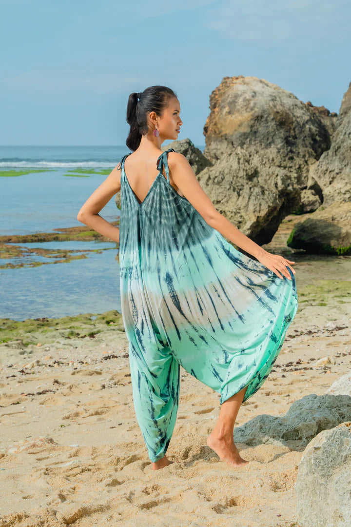 Bali Turquoise Tie-Dye Jumpsuit – Relaxed Wide Legged, Adjustable Straps, One Size