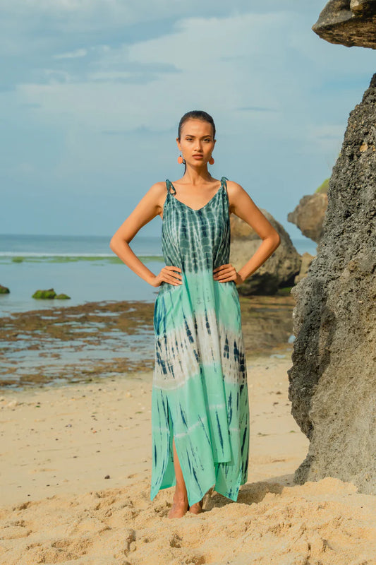 Bali Tie-Dye Rayon Maxi Dress – Aqua Green, Adjustable Straps, Relaxed Fit,