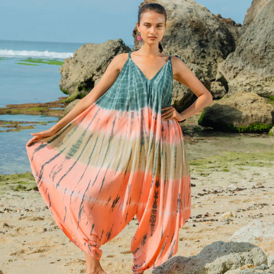 Bali Coral Tie-Dye Rayon Blend Jumpsuit – Relaxed Wide Leg, Adjustable Straps, One Size
