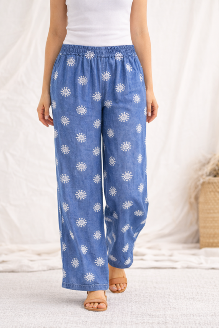 Italian Tencel Palazzo Pants – Wide Leg Denim Print | One Size Relaxed Fit