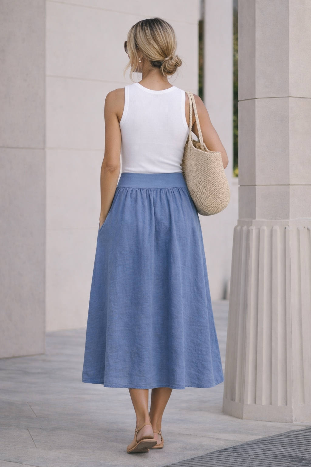 Italian Linen Midi Skirt – Soft Blue A-Line Skirt with Elastic Waist | Lightweight Summer Skirt for Women
