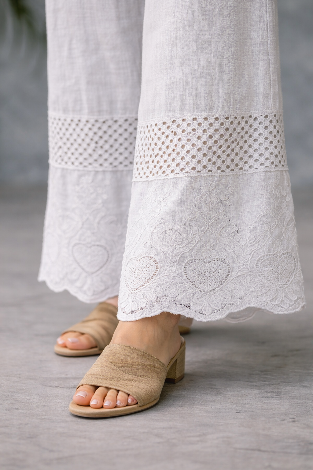 Italian Linen Wide Leg Pants with Lace Hem Deta