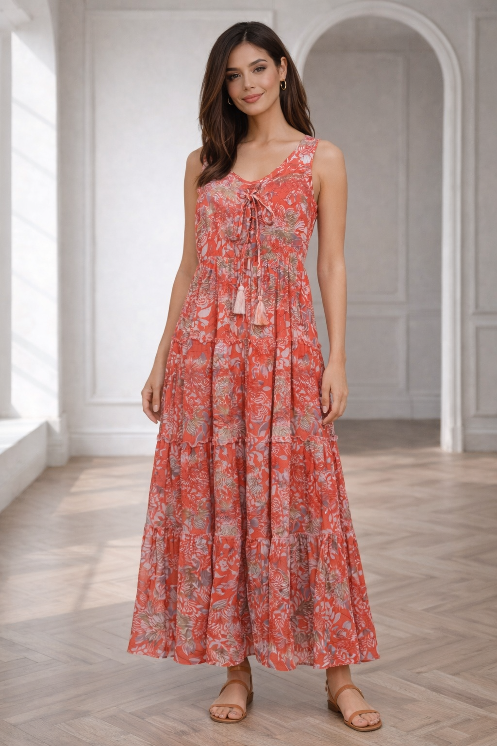 Coral Floral Tiered Maxi Dress with Tassel Tie Neck | Lightweight Summer Dress for Women
