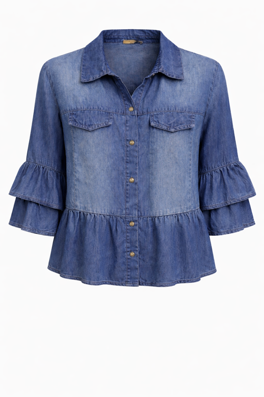 Italian Tencel Denim Blouse – Button Front Peplum Top | Soft Lightweight Shirt