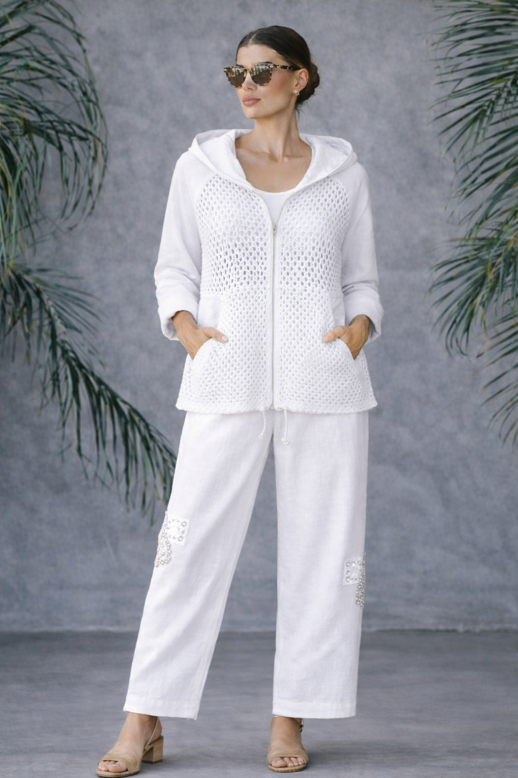 Italian Linen & Crochet Zip Hoodie Jacket – Lightweight Layer with Pockets