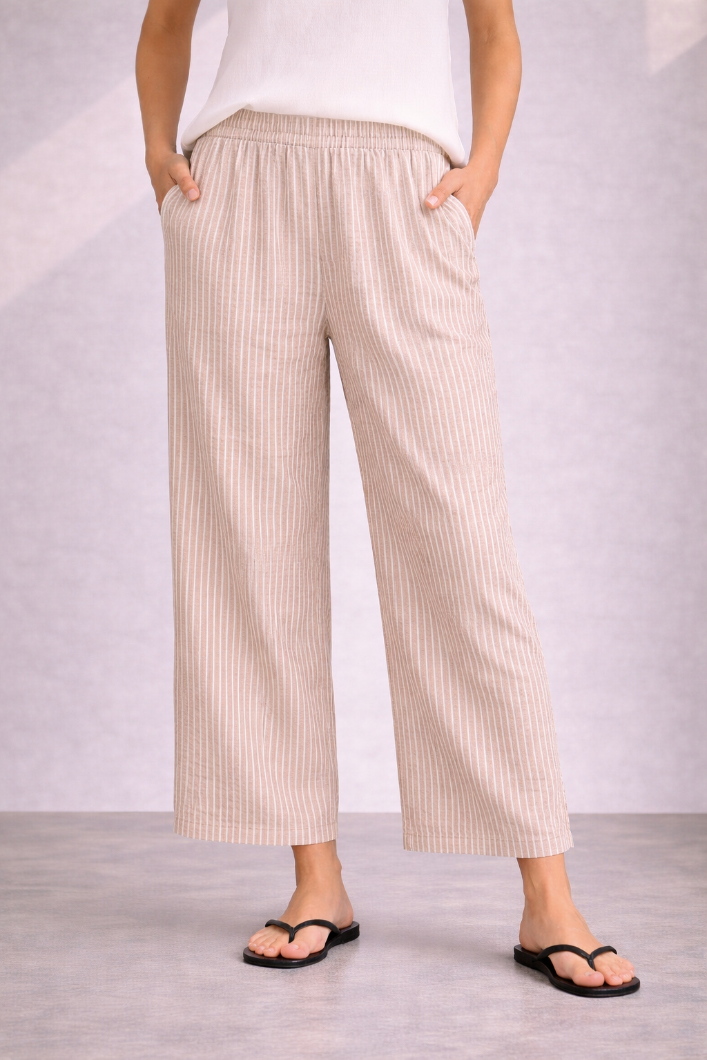 Striped Lightweight Linen Blend Pants Natural Beige | b.young