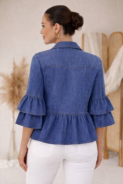 Italian Tencel Denim Blouse – Button Front Peplum Top | Soft Lightweight Shirt