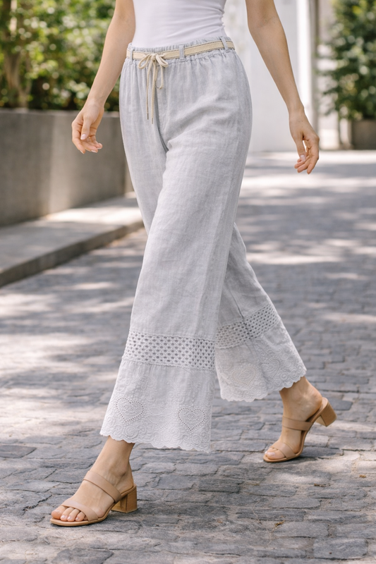 Italian Linen Wide Leg Pants with Lace Hem Deta