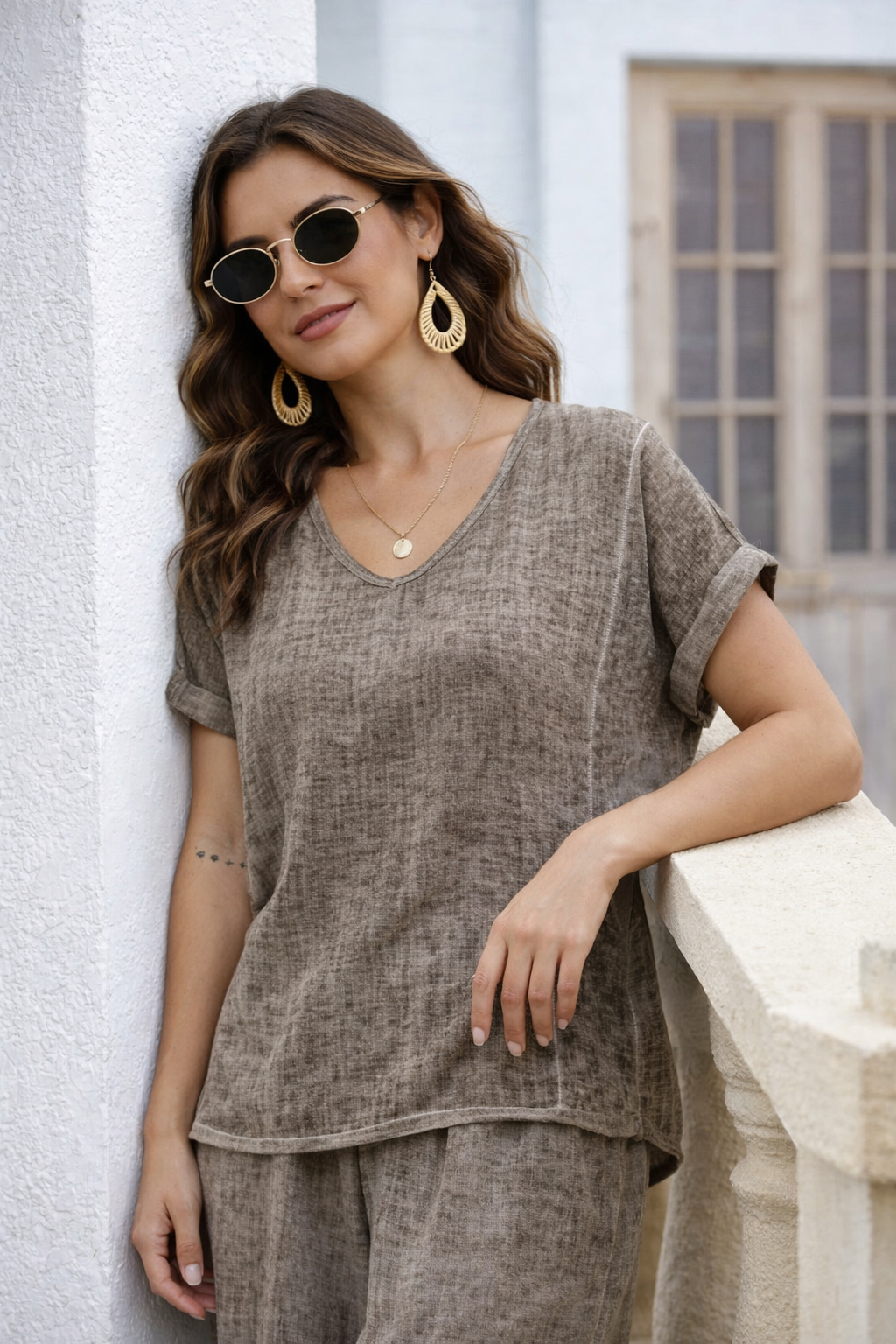 Breezy V-Neck Linen Tee - Fango