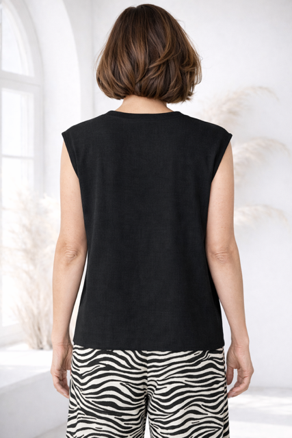Black European Linen Blend V-Neck Sleeveless Blouse – Relaxed Fit | Lightweight Breathable Top