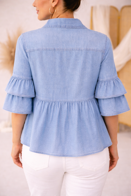 Italian Tencel Denim Blouse – Button Front Peplum Top | Soft Lightweight Shirt