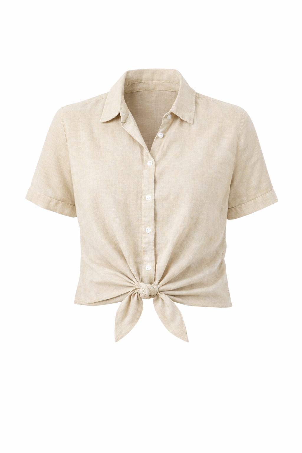 Beige Button Down Blouse with Tie | ICHI