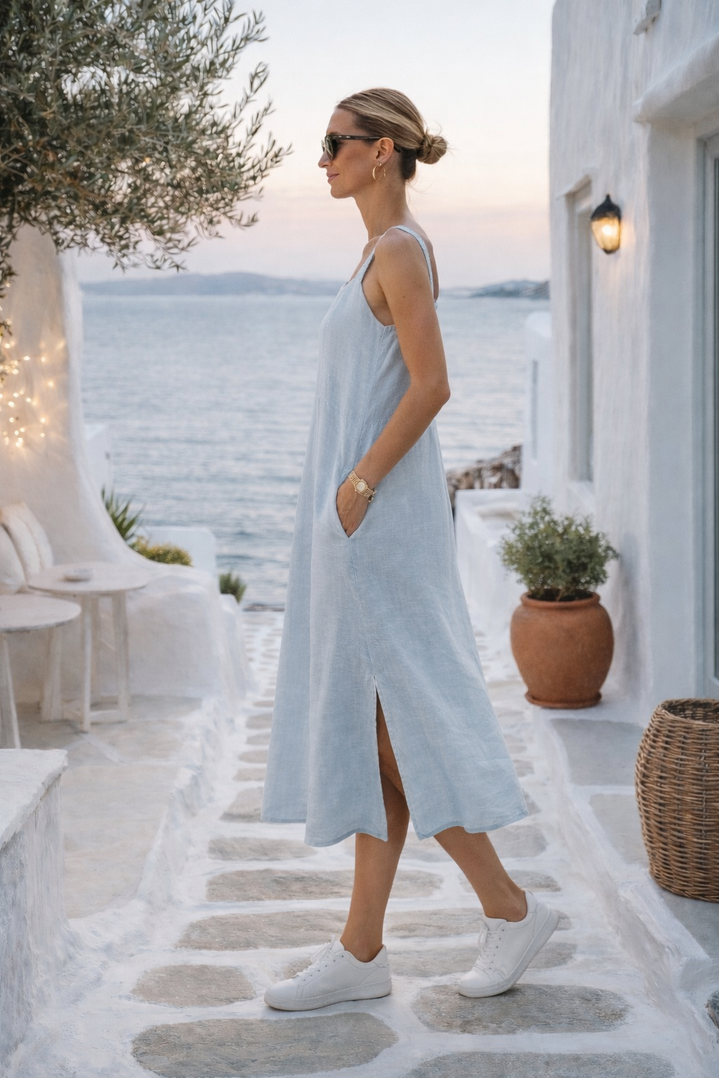 Classic Linen Maxi Dress With Side Split - Sky Blue | Eternelle