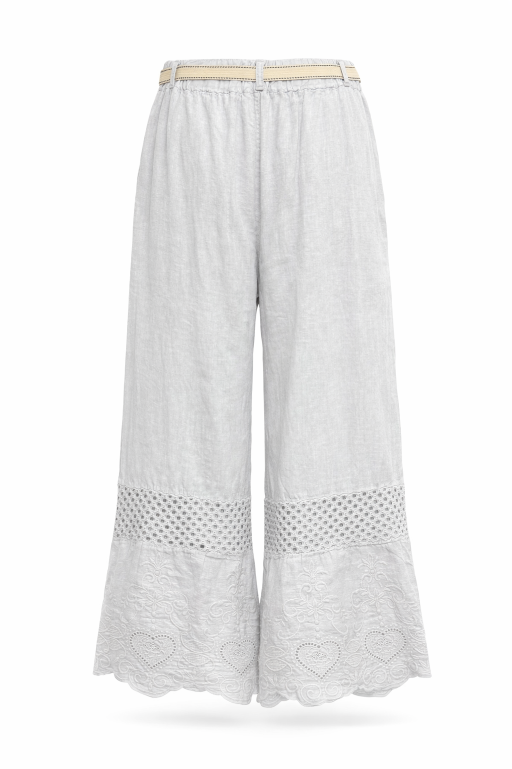Italian Linen Wide Leg Pants with Lace Hem Deta