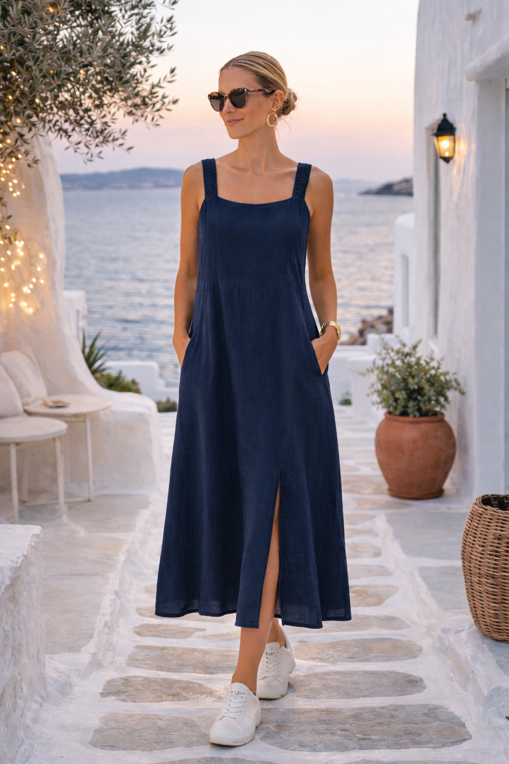Classic Linen Maxi Dress With Side Split - Navy | Eternelle
