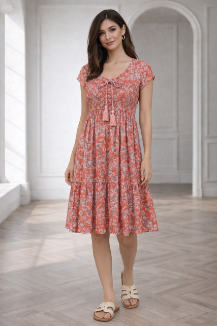 Italian Floral Midi Dress Coral & Beige – Lightweight Tie Front A-Line Dress