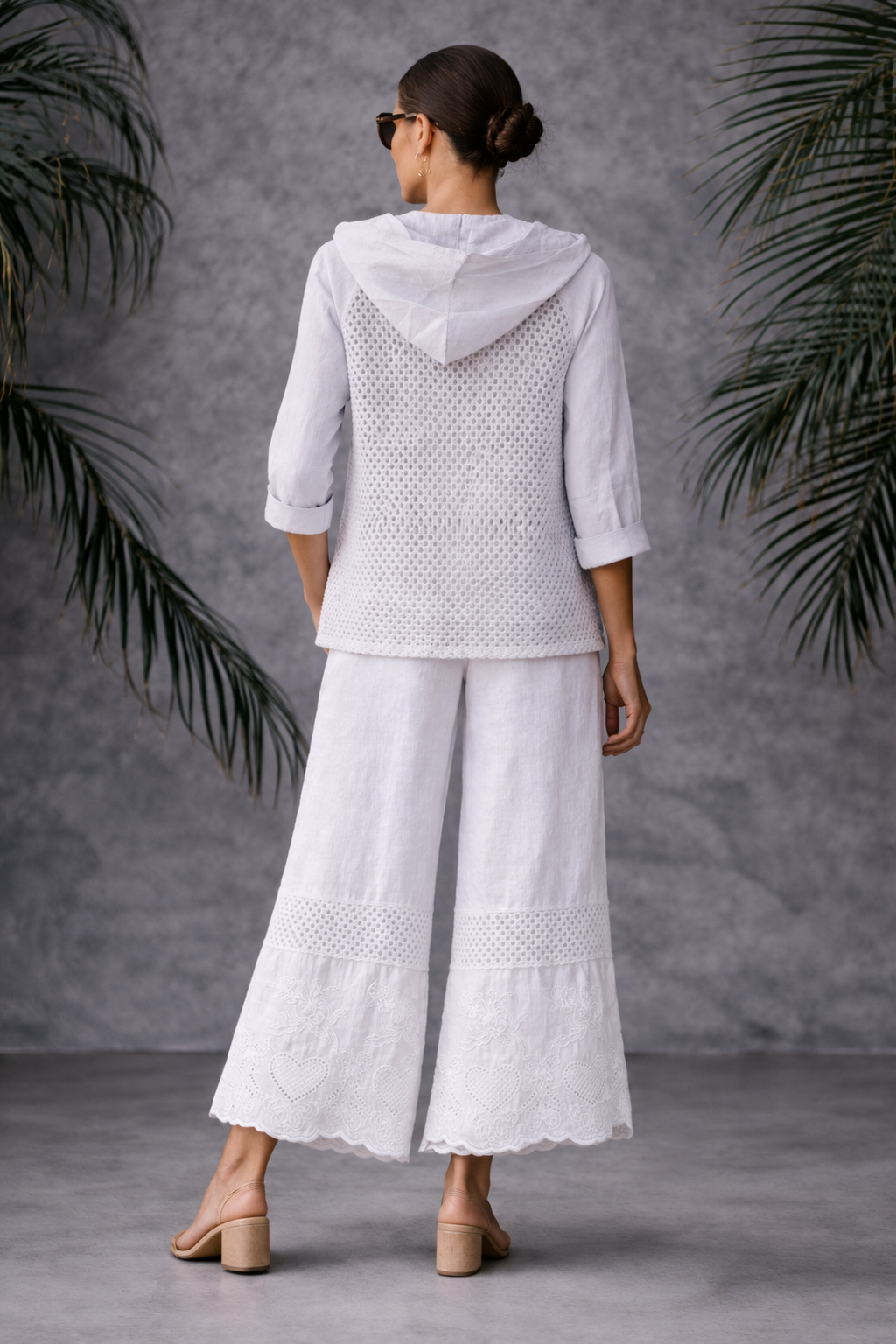 Italian Linen & Crochet Zip Hoodie Jacket – Lightweight Layer with Pockets Grey
