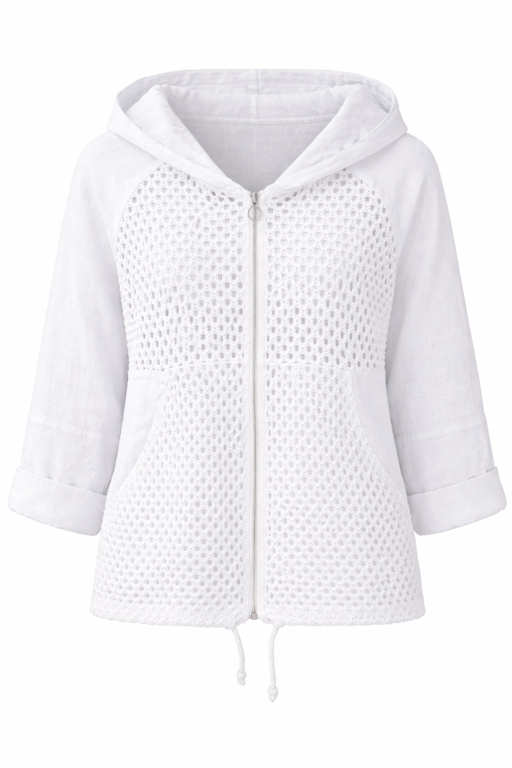 Italian Linen & Crochet Zip Hoodie Jacket – Lightweight Layer with Pockets