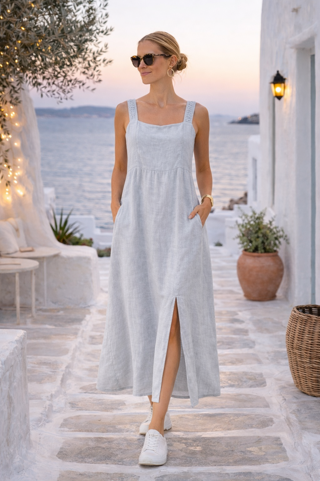 Classic Linen Midi Dress with Side Slit – Soft Grey | Orange Fashion