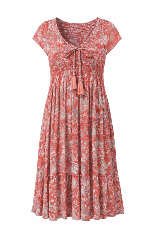 Italian Floral Midi Dress Coral & Beige – Lightweight Tie Front A-Line Dress