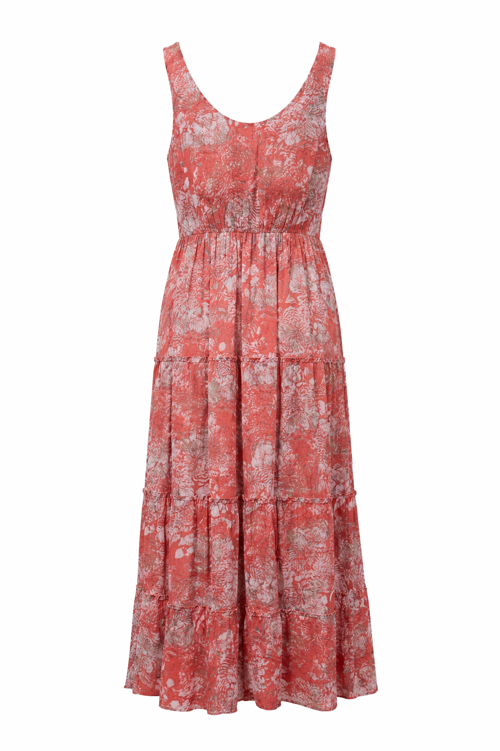 Coral Floral Tiered Maxi Dress with Tassel Tie Neck | Lightweight Summer Dress for Women