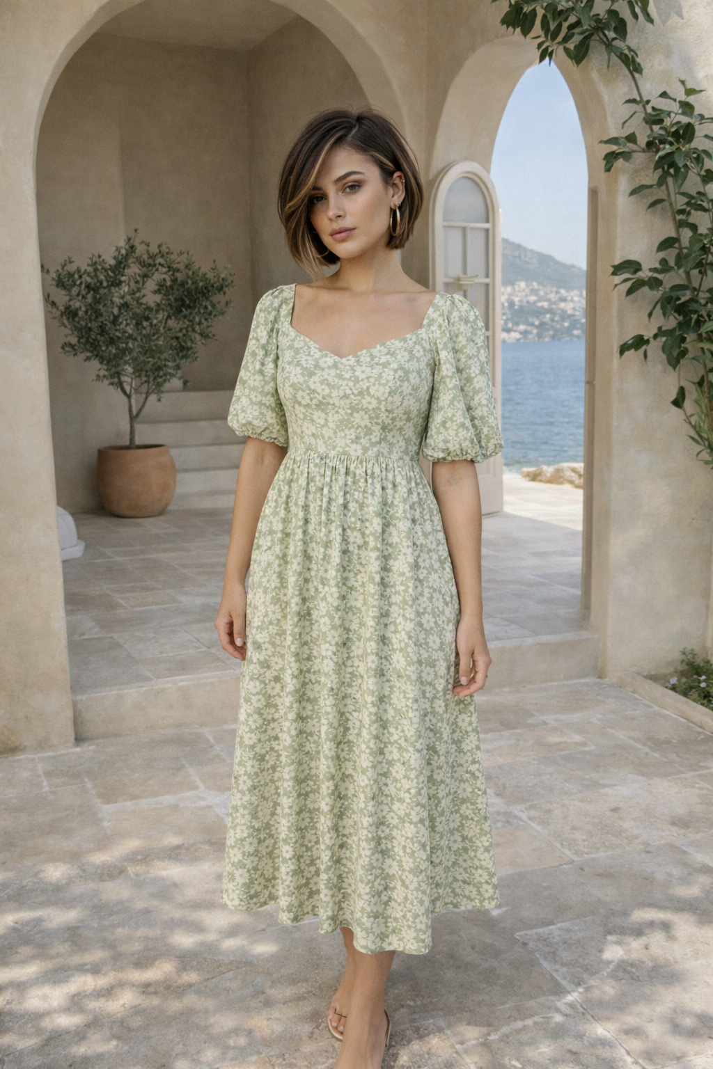 Sage Floral Open-Back Midi Dress
