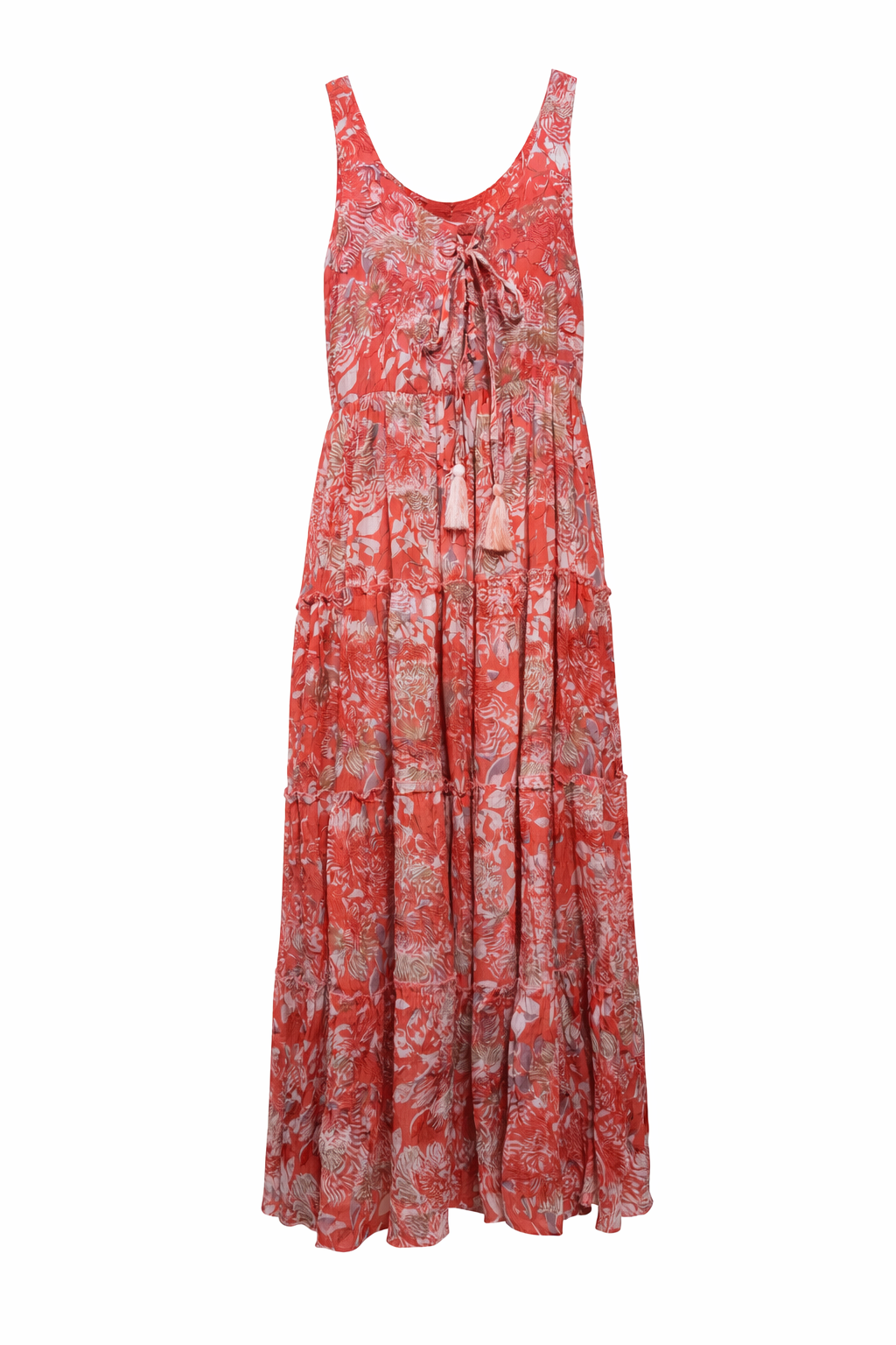 Coral Floral Tiered Maxi Dress with Tassel Tie Neck | Lightweight Summer Dress for Women