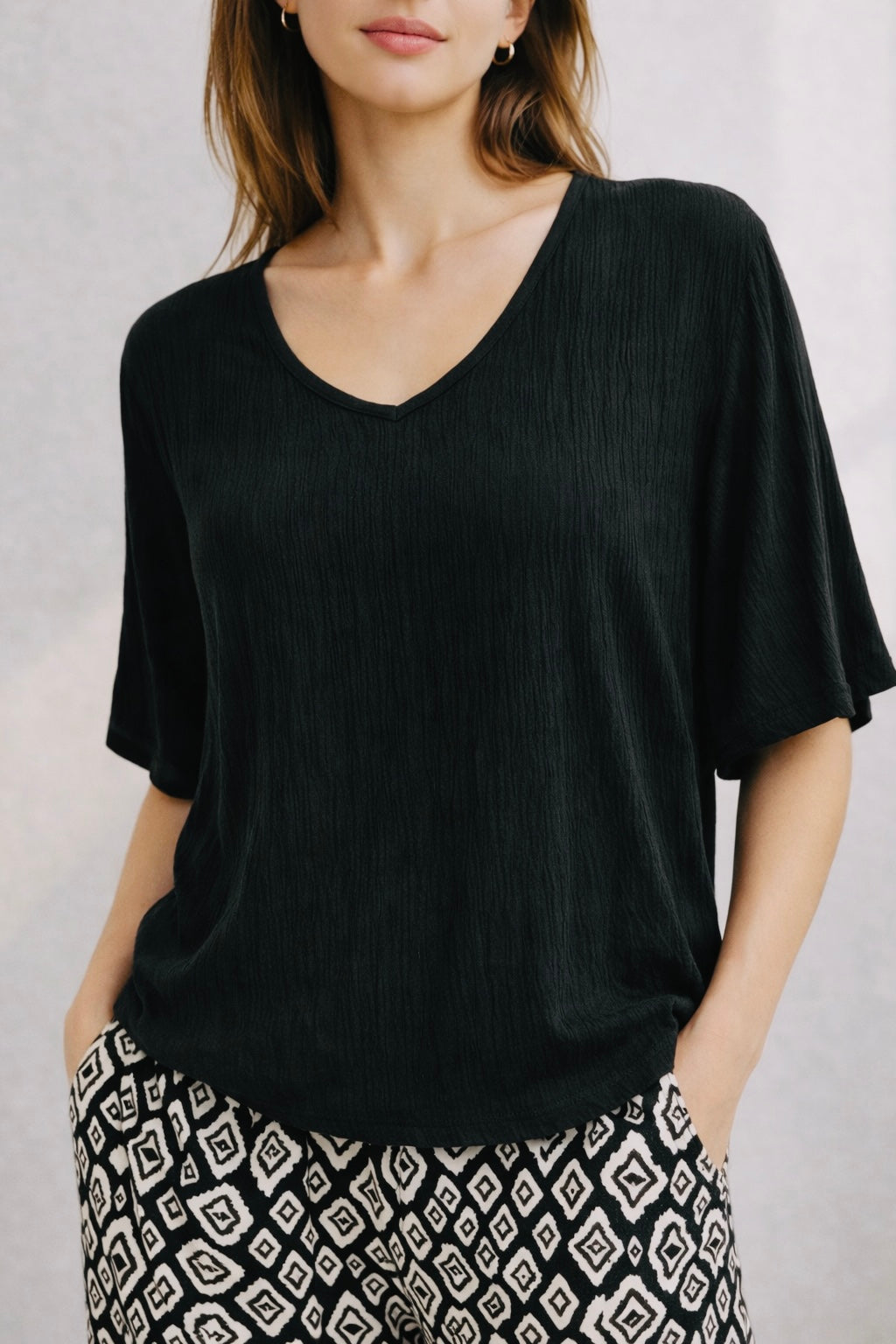 Short Sleeve Crepe Lightweight & Flowy Top | Blue or Black