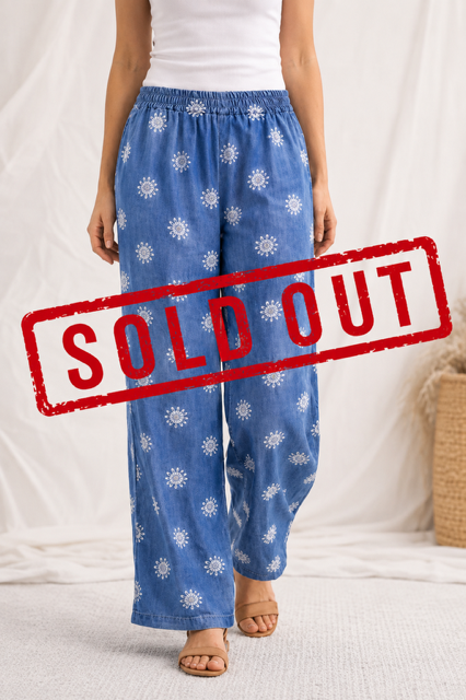 Italian Tencel Palazzo Pants – Wide Leg Denim Print | One Size Relaxed Fit