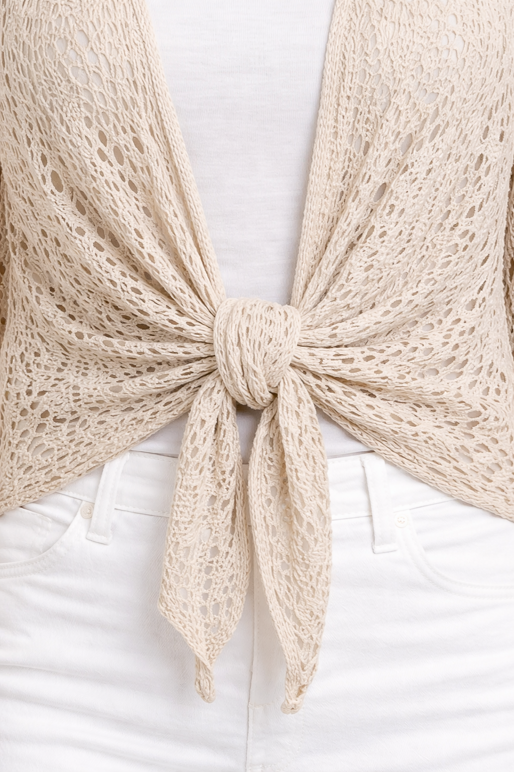 Beige Tie-Front Cardigan, Shrug – Lightweight Knit, 3/4 Sleeve, Relaxed Fit Layering Top