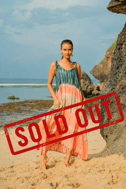 Bali Tie-Dye Rayon Maxi Dress – Coral, Adjustable Straps, Relaxed Fit