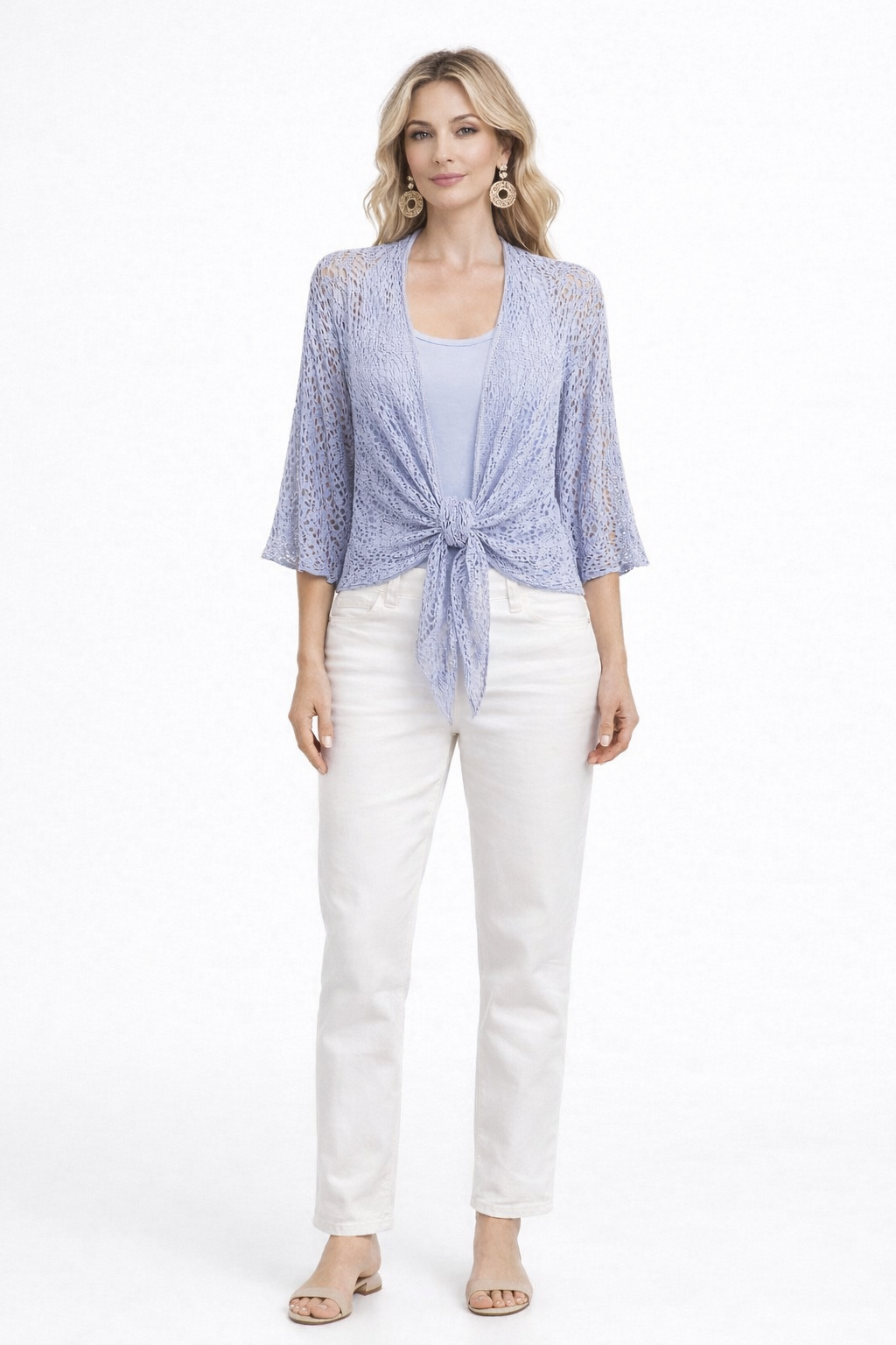 Periwinkle Crochet Tie-Front Cardigan – Lightweight Knit, 3/4 Sleeve, Relaxed Fit Layering Top
