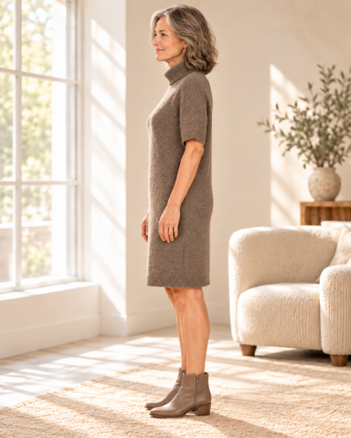 Taupe Short Sleeve Turtleneck Sweater Dress