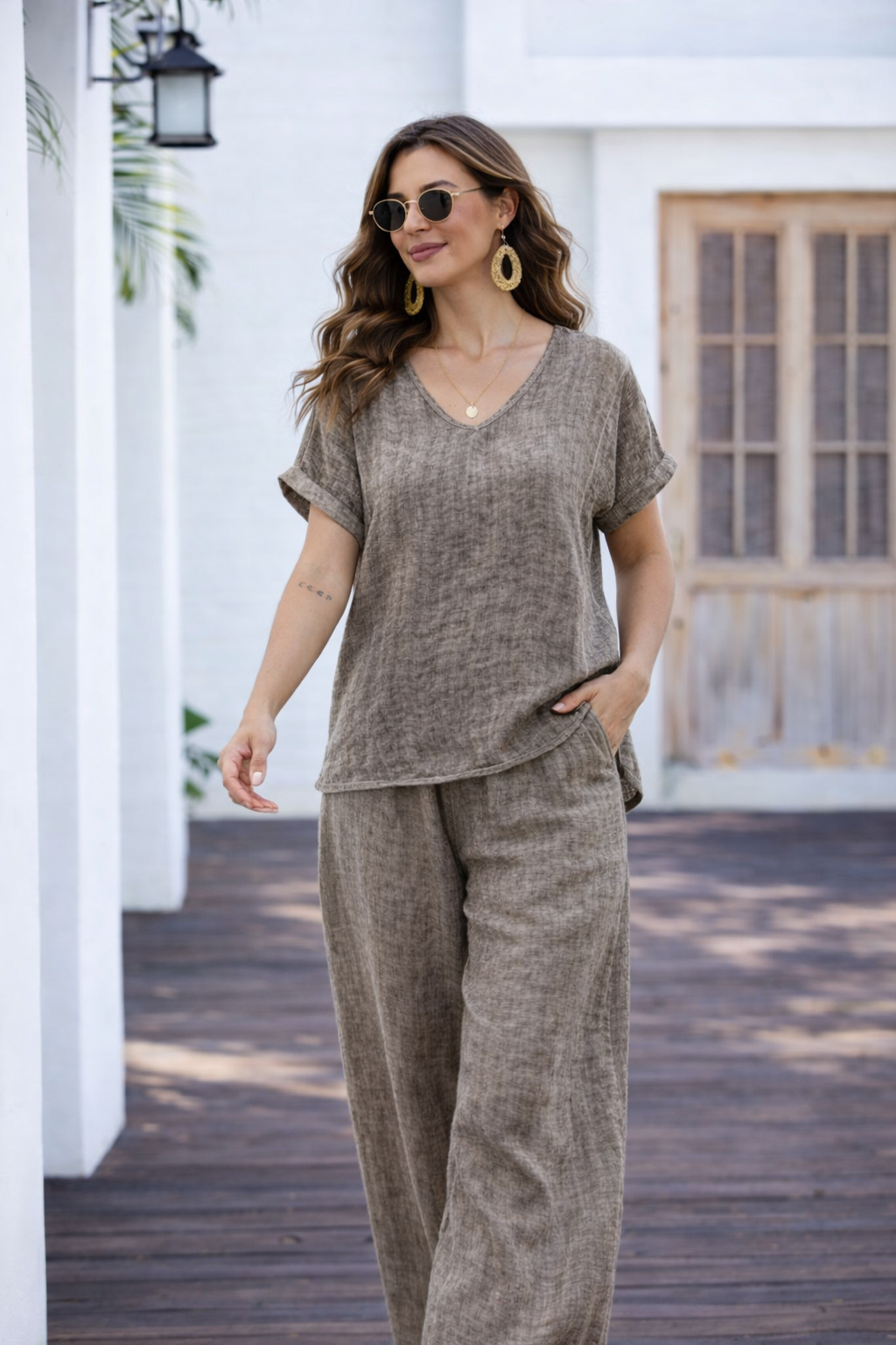 Breezy V-Neck Linen Tee - Fango