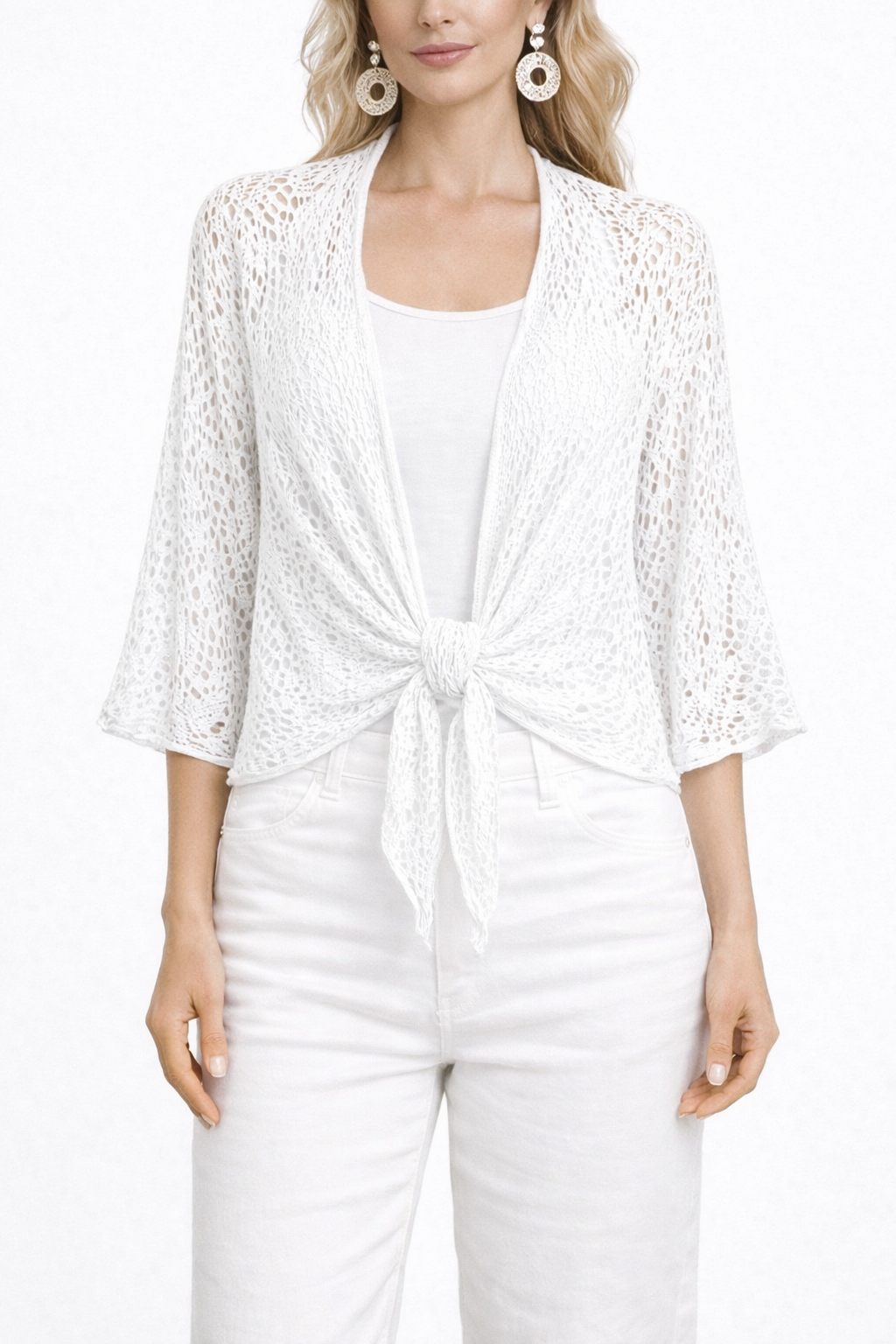 White Crochet Tie-Front Cardigan – Lightweight Knit, 3/4 Sleeve, Relaxed Fit Layering Top